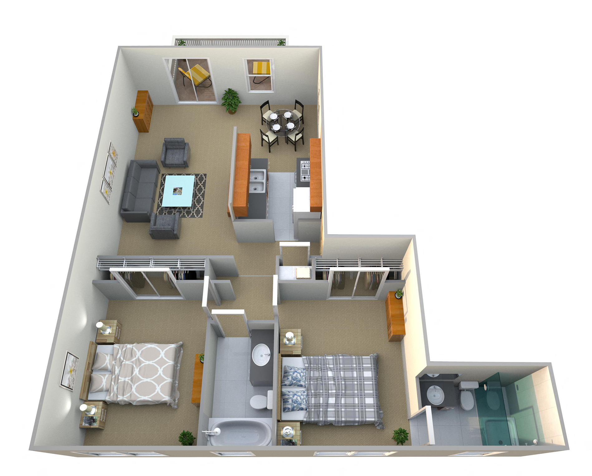 Floor plan for 2 beds, 2 baths, 1018 sqft